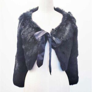 Vintage Y2K BEBE Black 100% Rabbit Fur Silk Bow Crop Bolero Shawl Jacket S